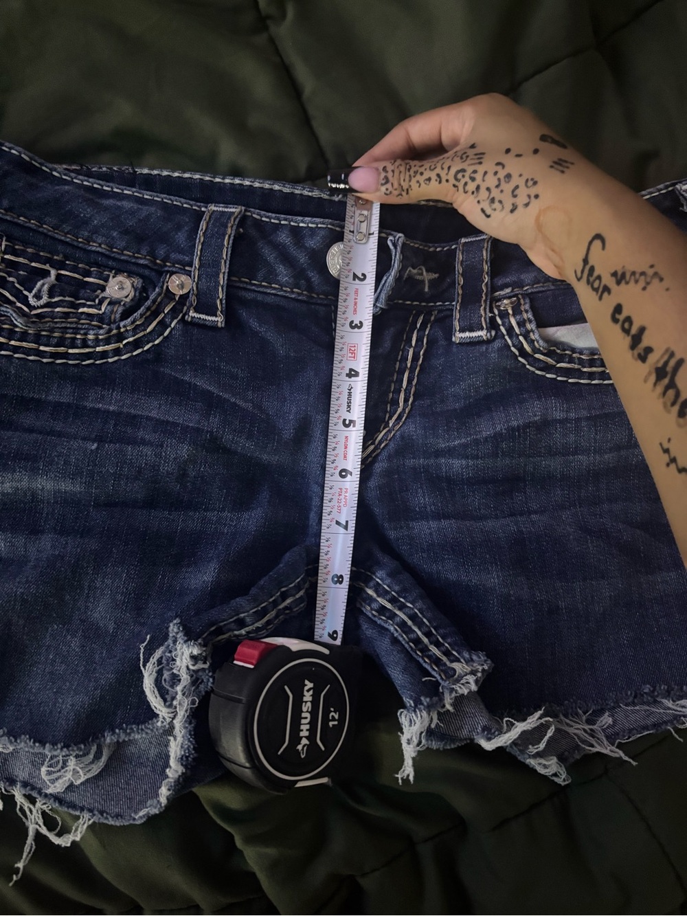 True Religion Indigo Denim Cutoff Shorts with Contrast (tan) Stitching - Picture 5 of 5